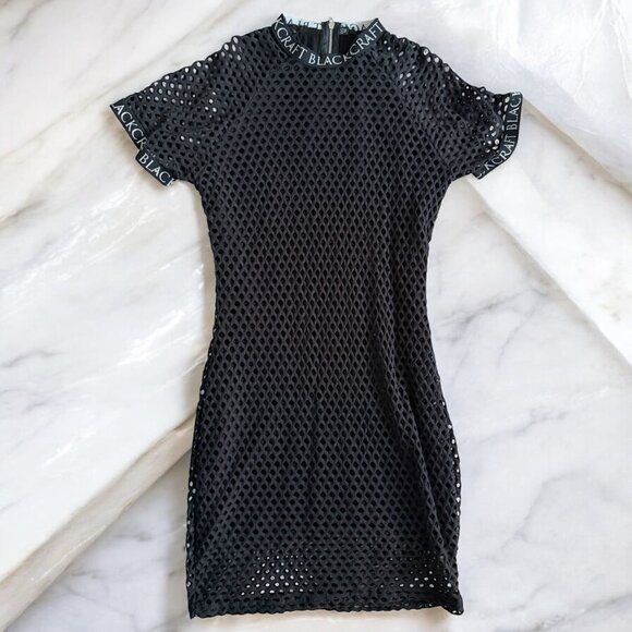 BLACKCRAFT Black Mesh Logo Bodycon Dress Size Large - Picture 1 of 8